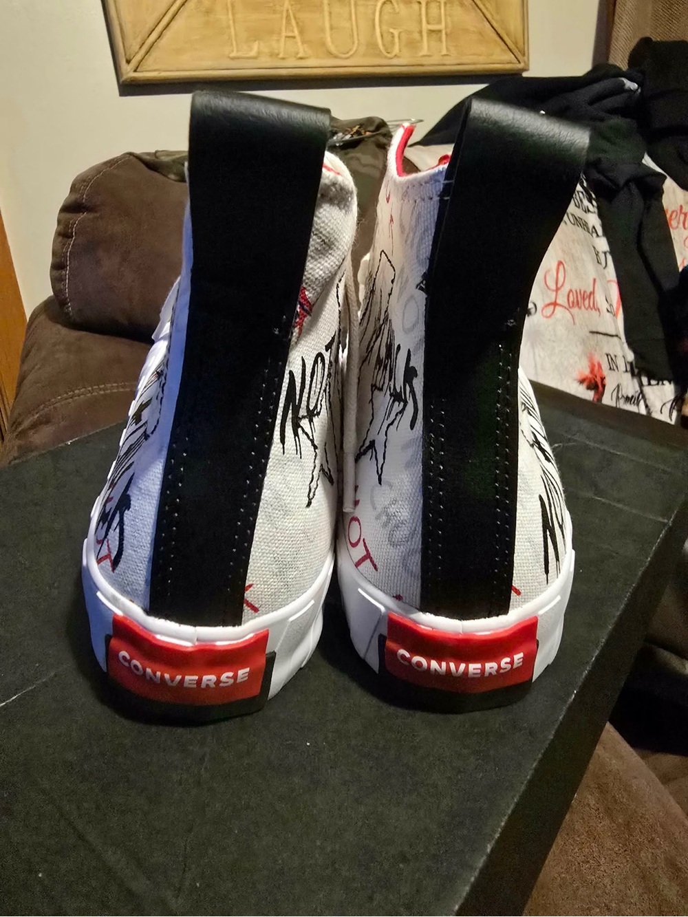 Converse Kids White High-Top Sneakers with Black Stripe & Red Heel Logo